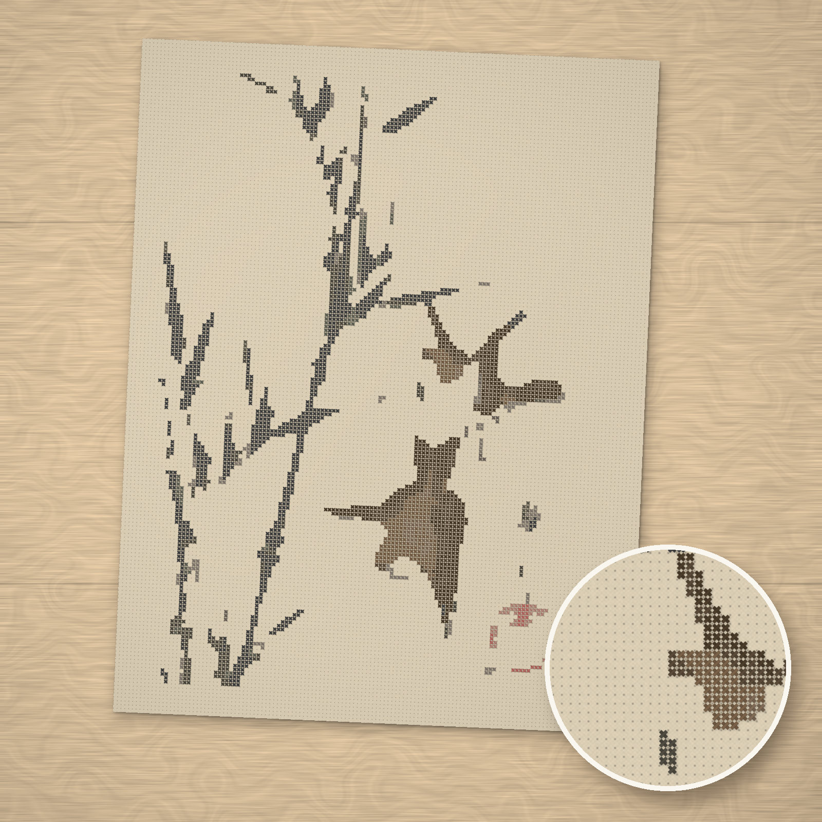 Sparrows, Bamboo and Falling Snow Cross-Stitch Pattern